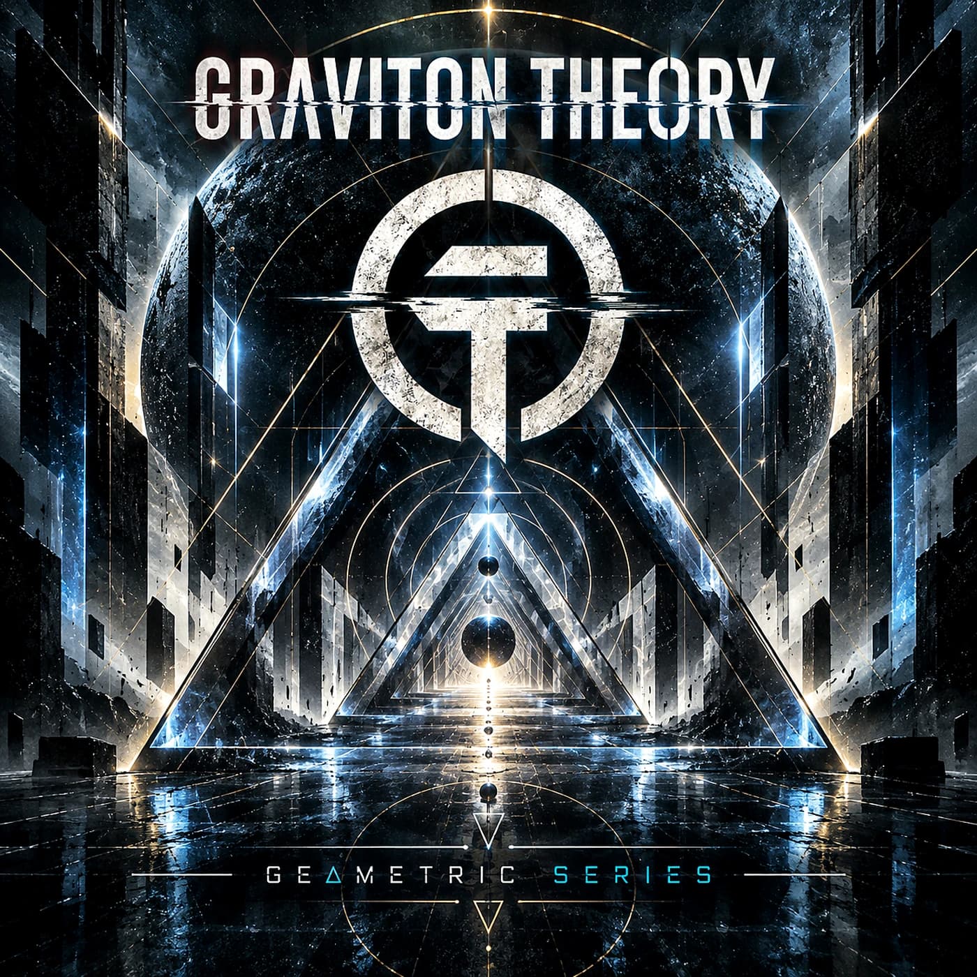 The Geometric Series sleeve: a symmetric stone corridor of nested glass triangles receding to one point of ice-blue light beneath the Graviton Theory emblem.