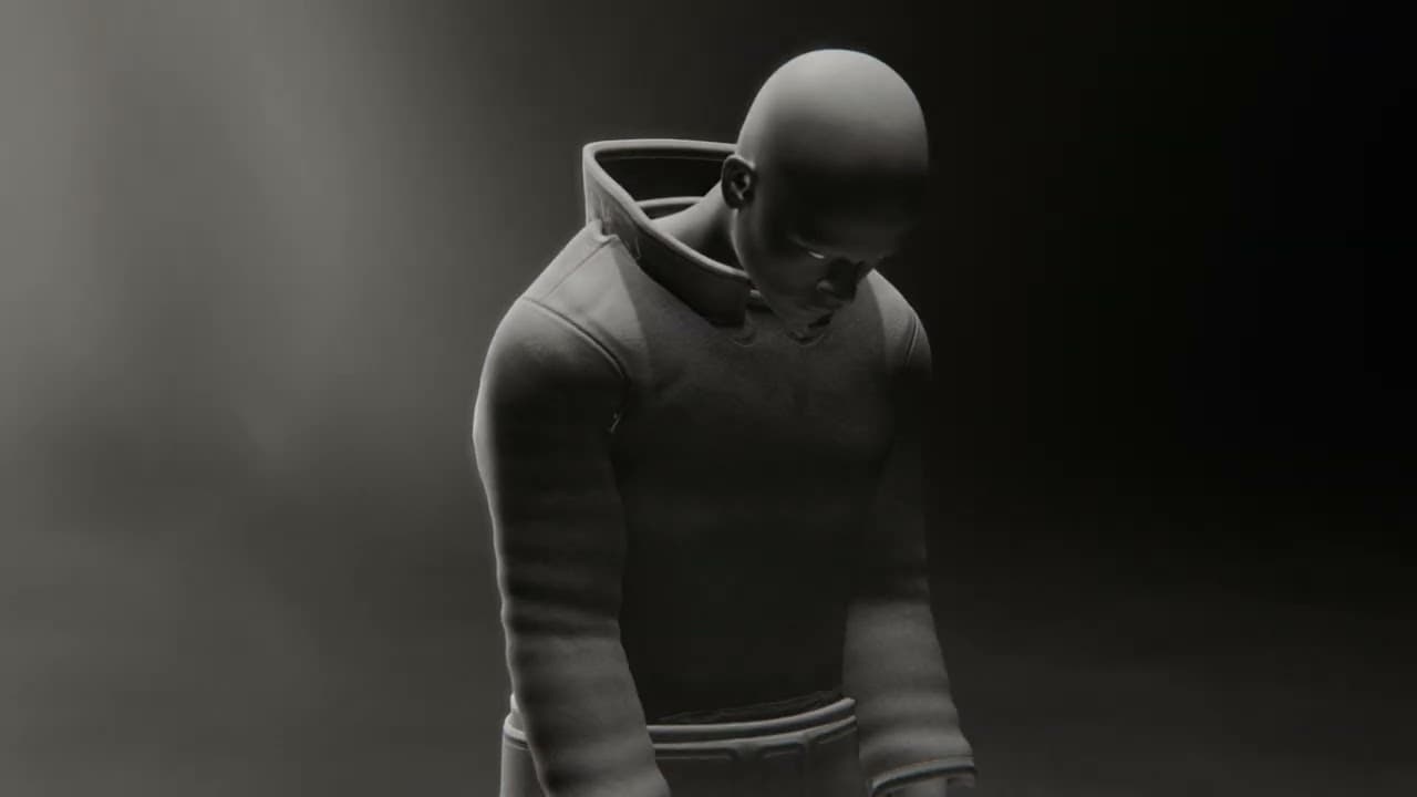 Grey sculpted figure in a high-collared coat, head bowed, standing in soft haze against a dark background.