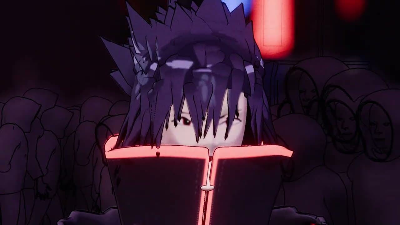 Anime-style boy with spiky dark hair, his face half hidden behind a red-lit zipped collar, in front of a dark crowd of outlined figures.