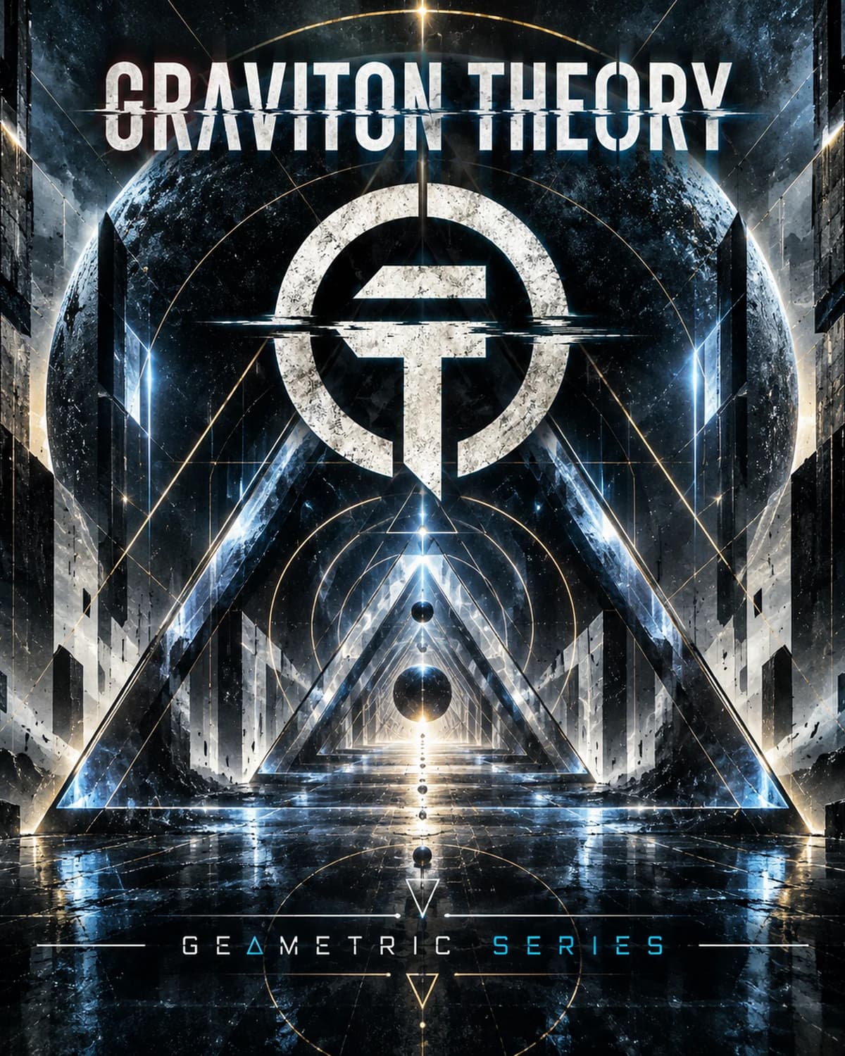 The Geometric Series sleeve: a symmetric stone corridor of nested glass triangles receding to a lit vanishing point, spheres shrinking along its centre line beneath the Graviton Theory emblem, and the title in thin capitals with a triangle in place of the O