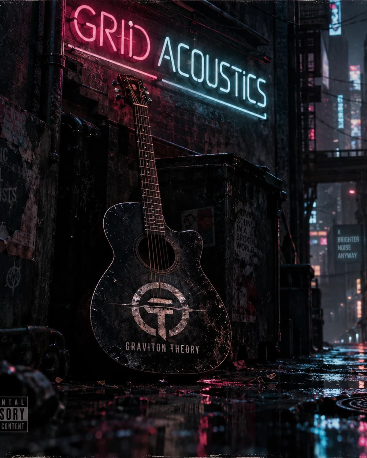 A black acoustic guitar bearing the Graviton Theory emblem beside torn posters and the Grid Acoustics sign in a rain-dark alley