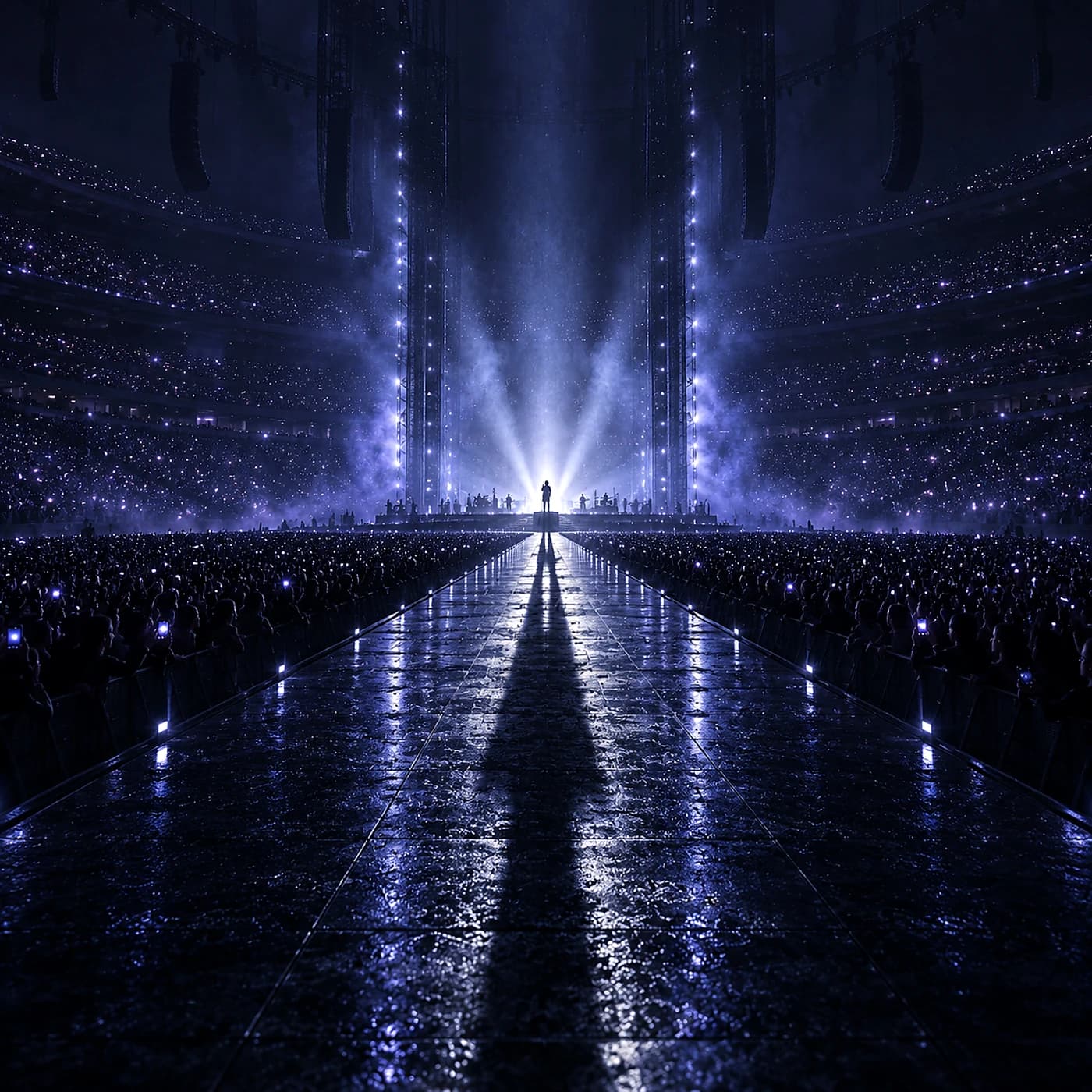 A lone singer on a stage runway beneath white light in a midnight-blue arena