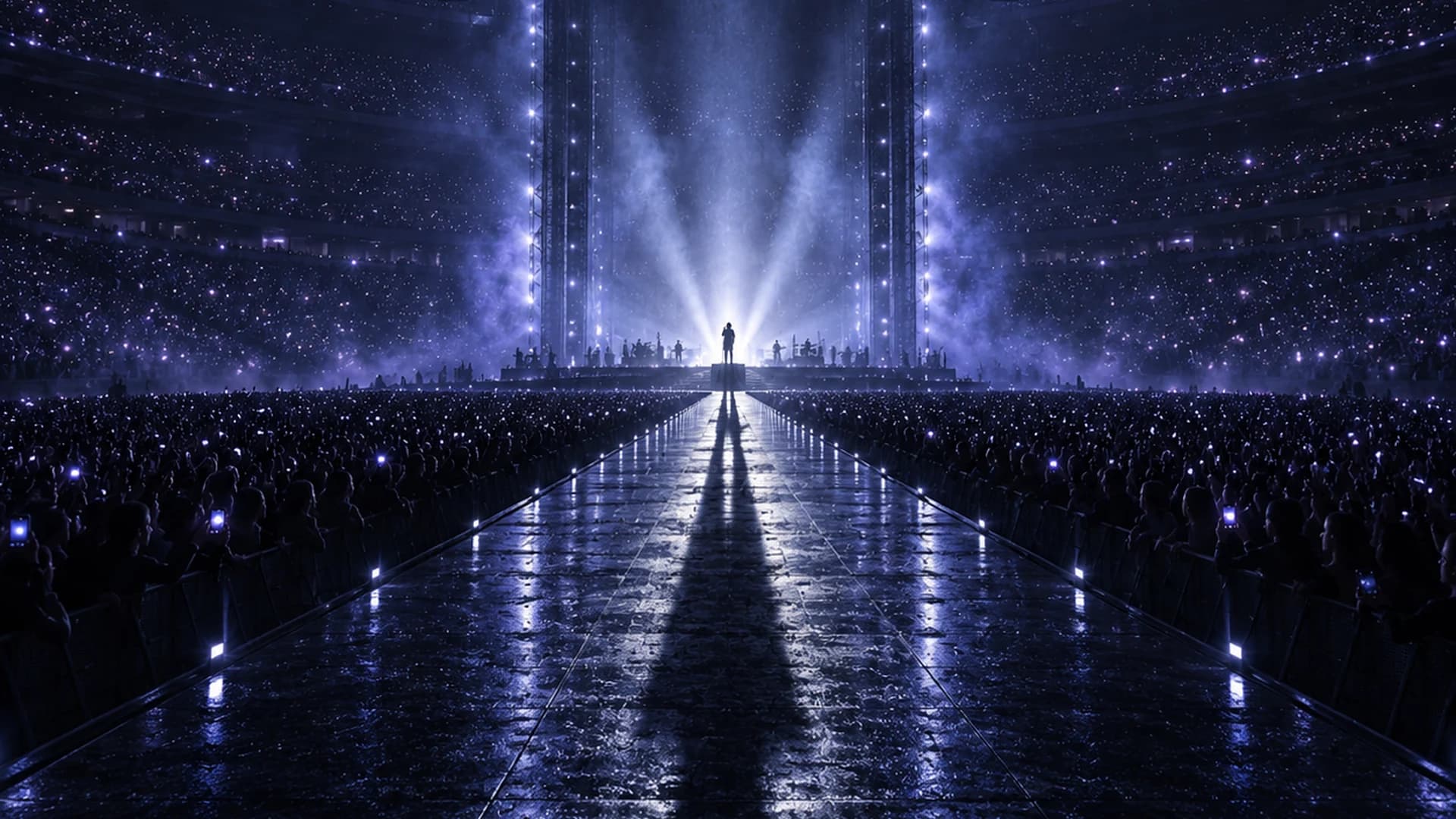 A blue-black arena and a field of small crowd lights from the album artwork
