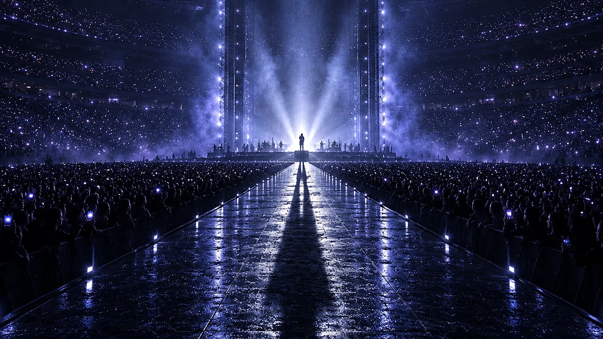 Live in Postrock artwork: a lone singer on a runway beneath converging white spotlights in a blue-black arena