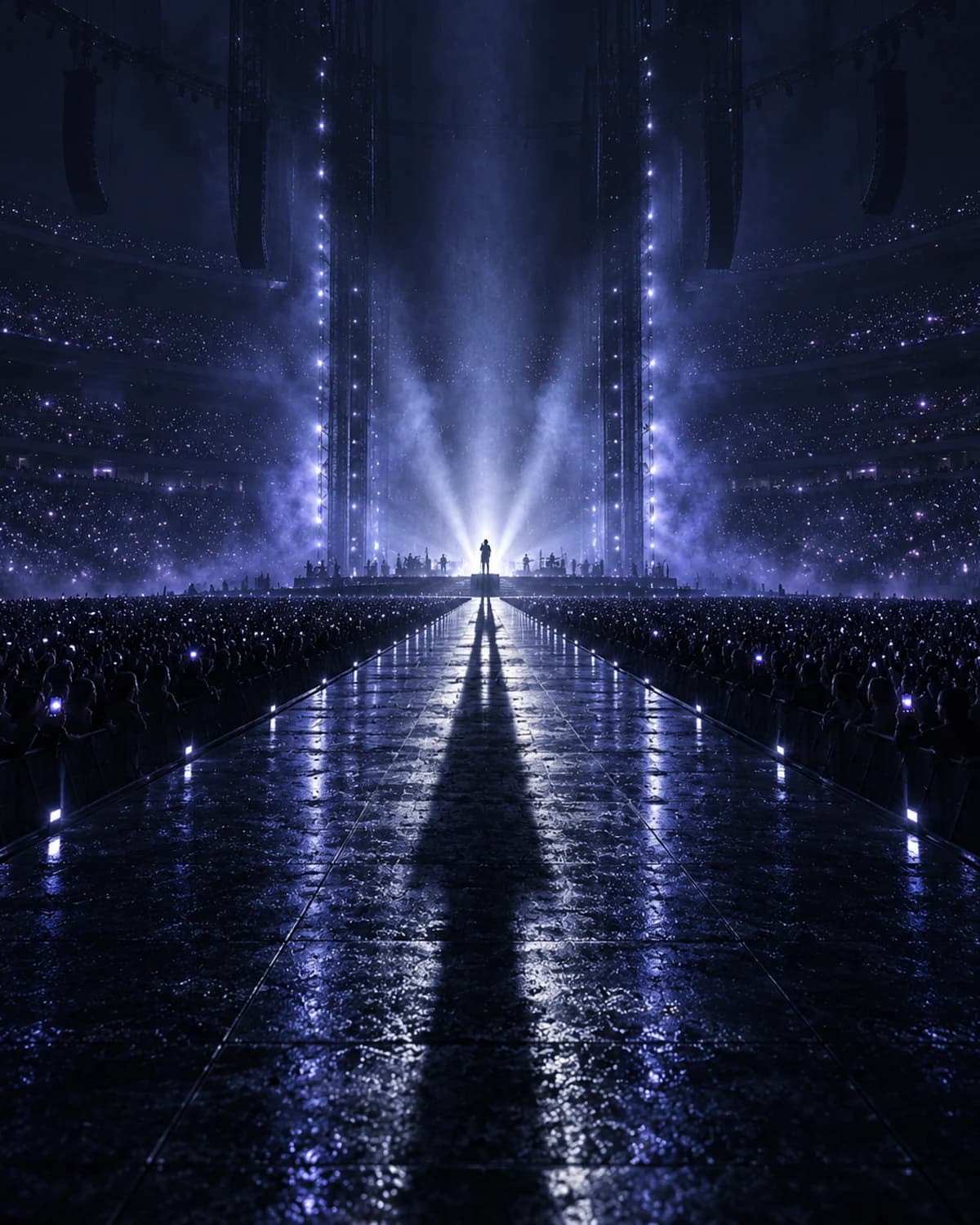 Live in Postrock: A lone singer on a stage runway beneath white light in a midnight-blue arena
