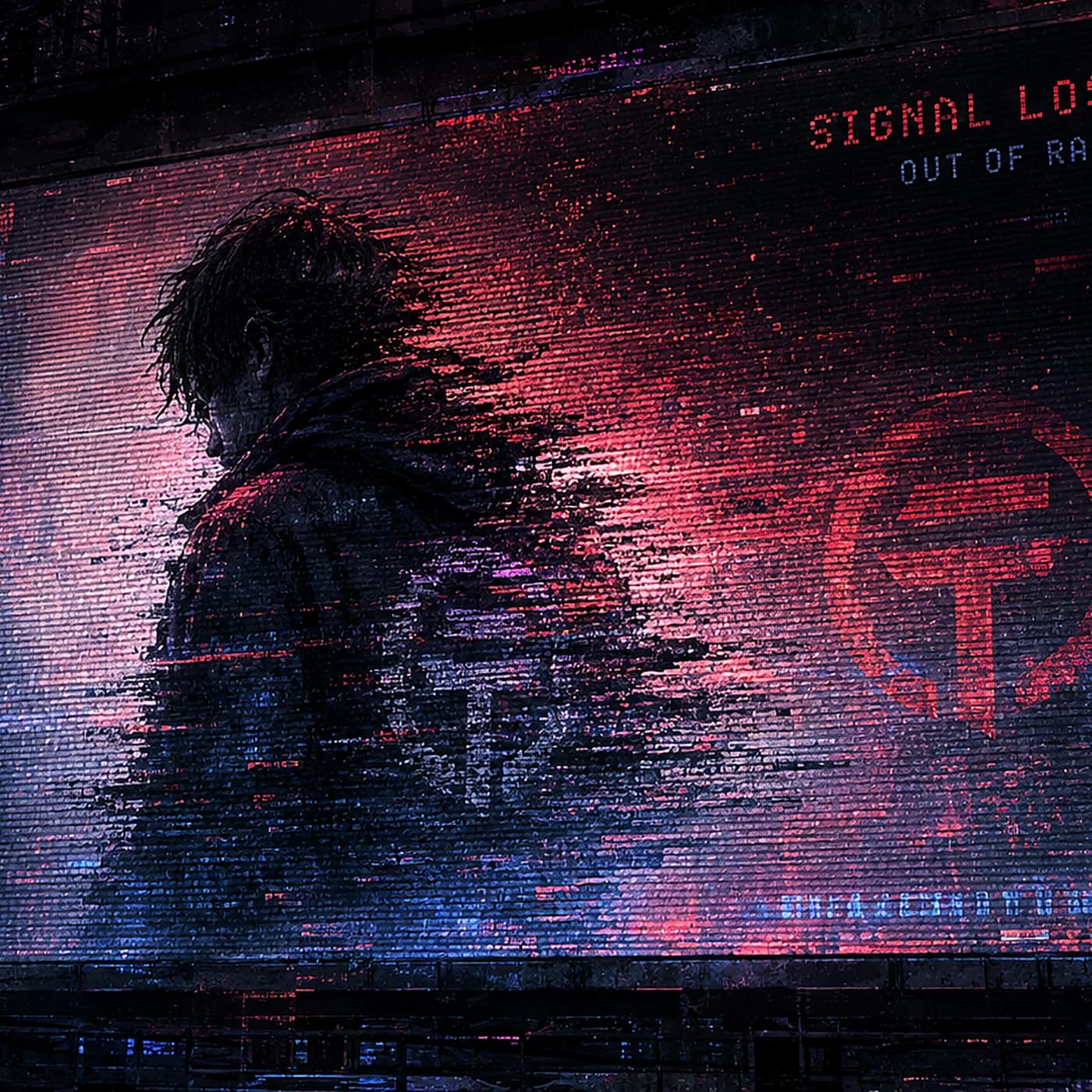 A solitary figure dissolving across a red and blue city transmission