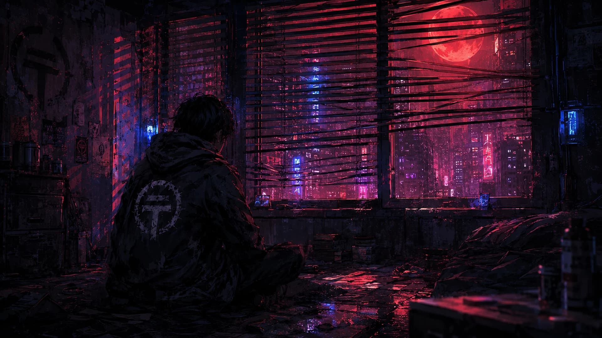 A damaged city transmission held between wet glass, warning red and electronic blue