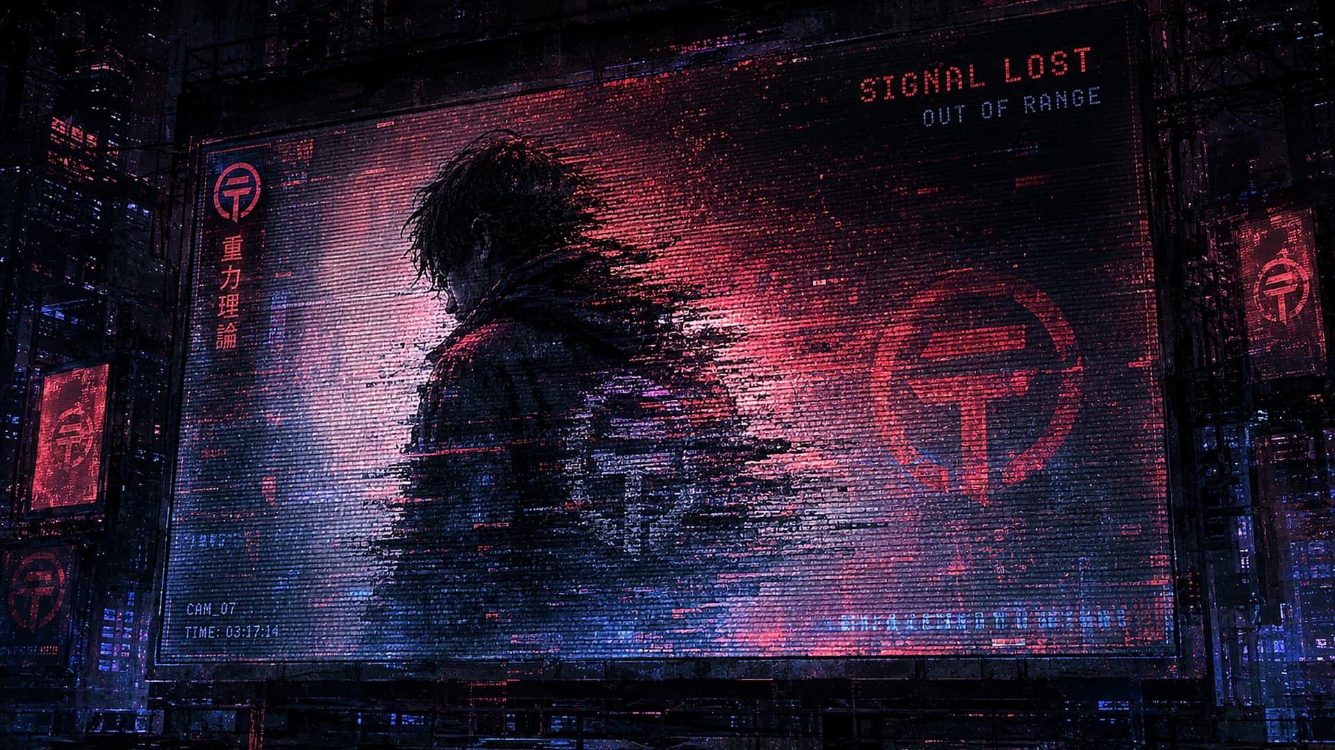 The Silent City artwork: a solitary figure breaking apart across a red and blue city transmission