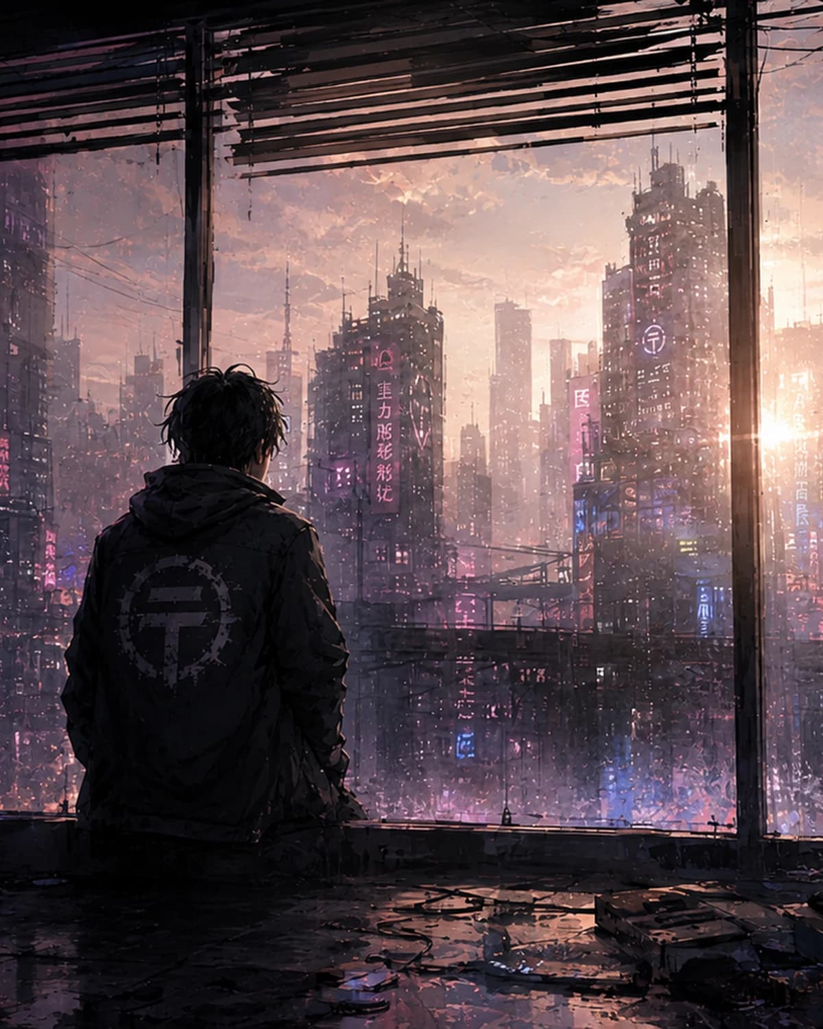 The Silent City: A solitary figure dissolving across a red and blue city transmission
