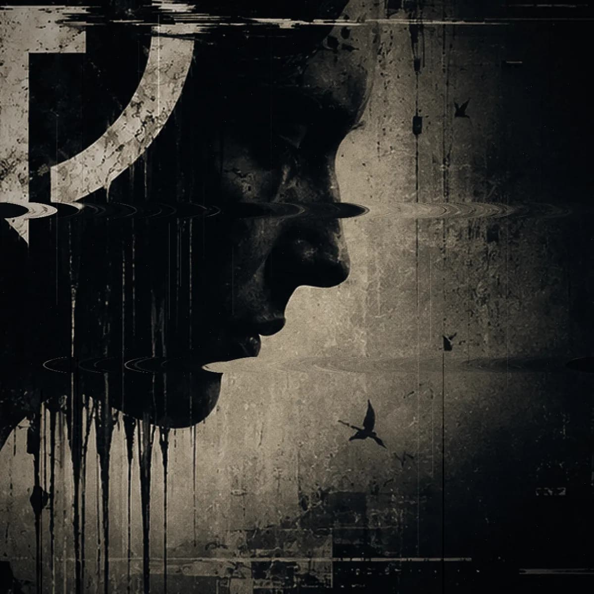 Second Shadow — track plate: warm monochrome material printed for this song, scraped through the middle